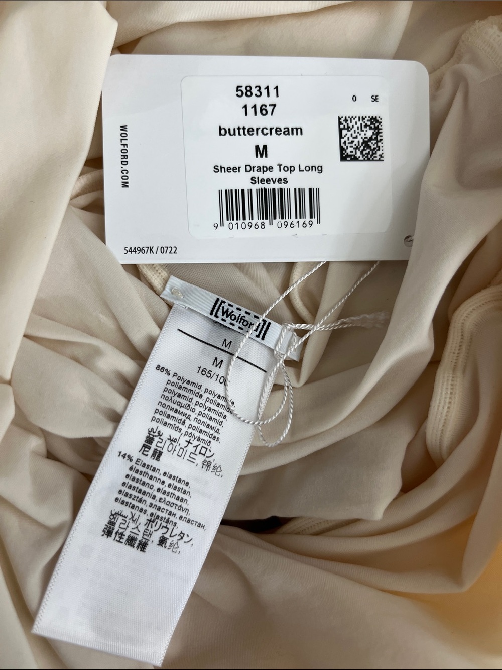 Wolford Sheer Drape Top Long Sleeves Buttercream 58311 - Picture 9 of 10